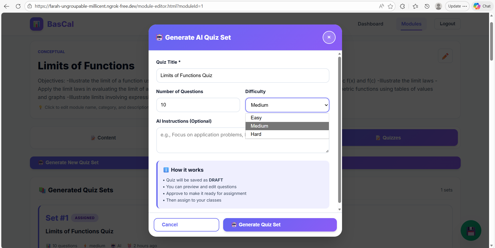 BasCal module editor with the AI quiz generator and difficulty selector open